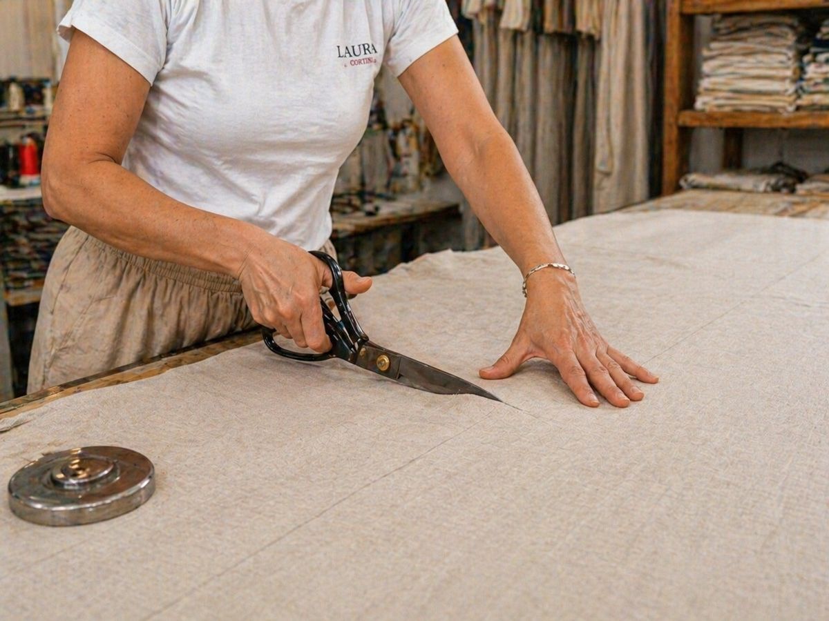 Corte de tela en taller artesanal con tijeras, proceso de confección de textiles.