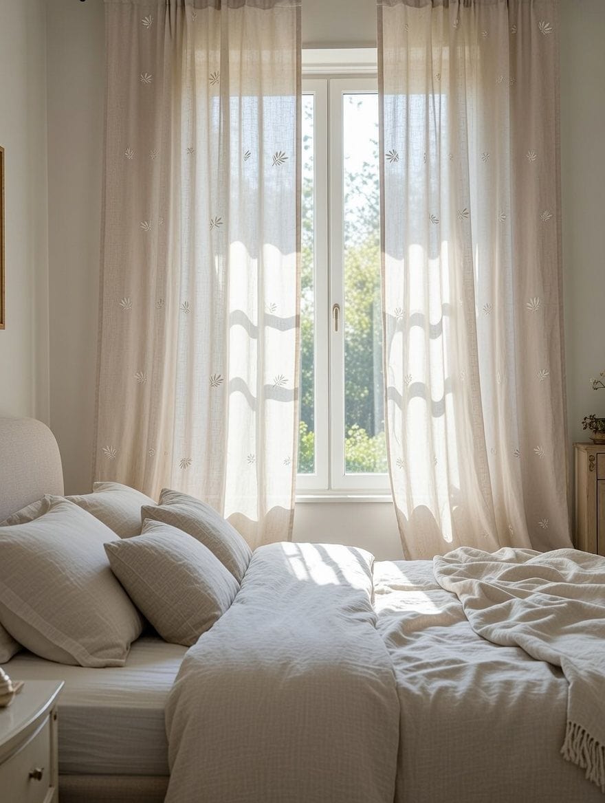 Cortinas de encaje blancas en habitación luminosa con vista al exterior.