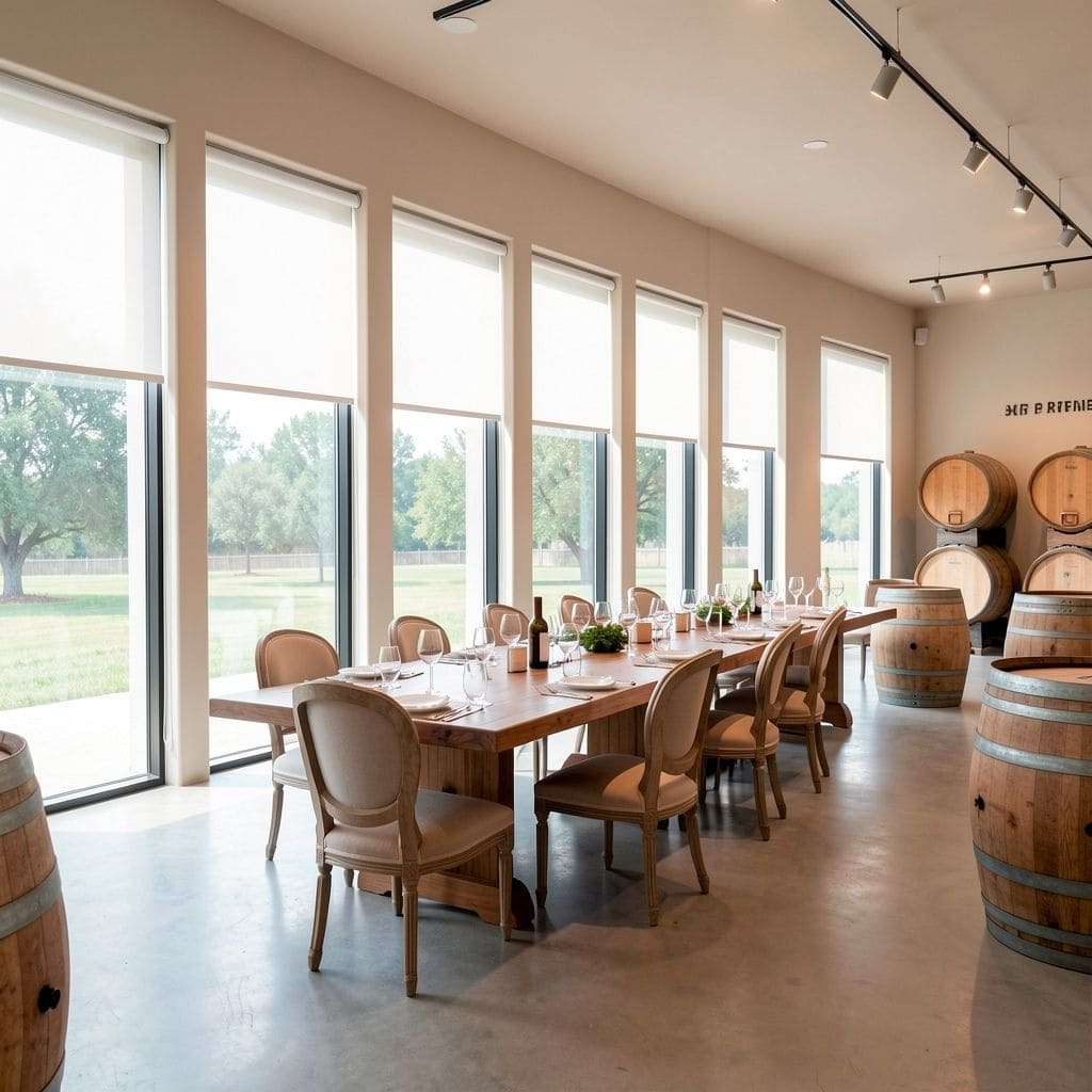 Salón de catas de vino elegante con mesas y barriles de madera en un espacio luminoso y moderno.