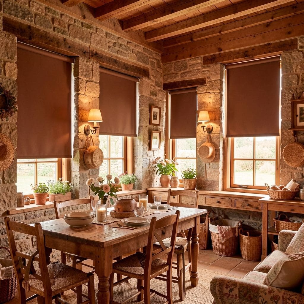 Comedor rústico con ventanas de piedra y cortinas de tela, ambiente cálido y acogedor para cenas fam.