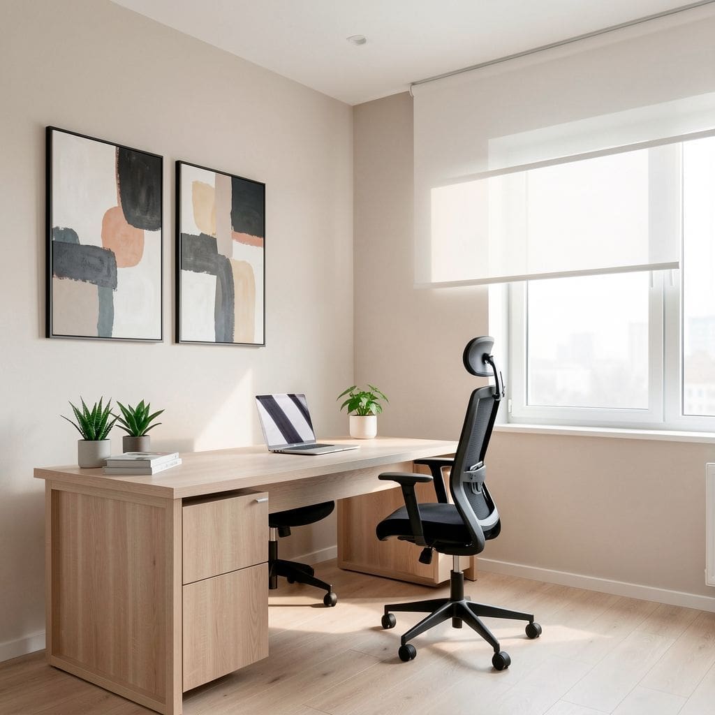 Escritorio de oficina con silla ergonómica, plantas y arte abstracto en pared.