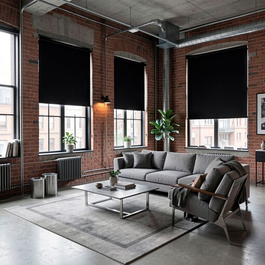 Espacio moderno con paredes de ladrillo y grandes ventanas, muebles elegantes y plantas de interior.