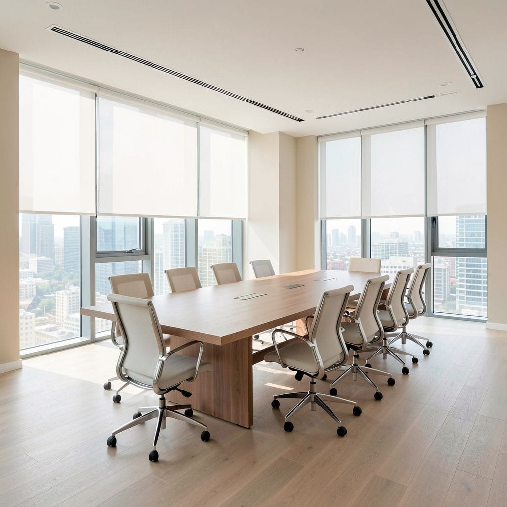 Mesa de reuniones grande con sillas ergonómicas en espacio luminoso y elegante.