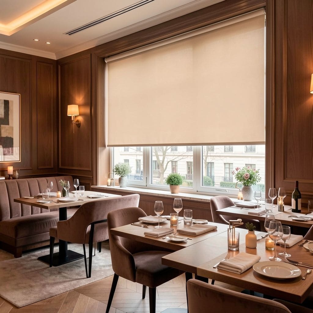 Comedor elegante con mesas listas para cenar, ambiente acogedor y decoración moderna en un restauran.