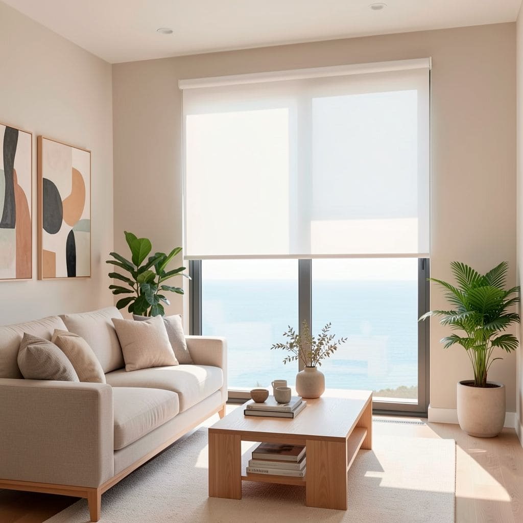 Vivienda moderna con vista al mar, interior luminoso y decoración minimalista en la sala de estar.