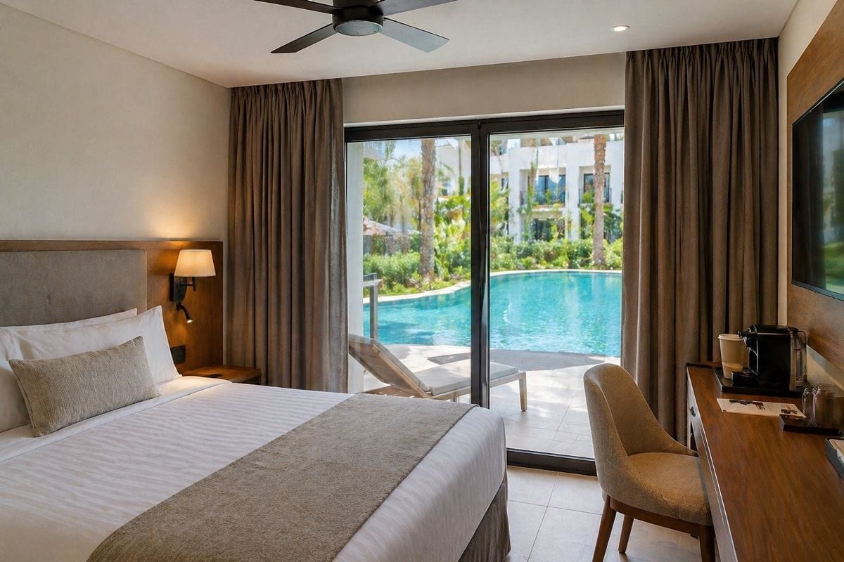 Habitación moderna con vista a la piscina, balcón y ambiente relajante.