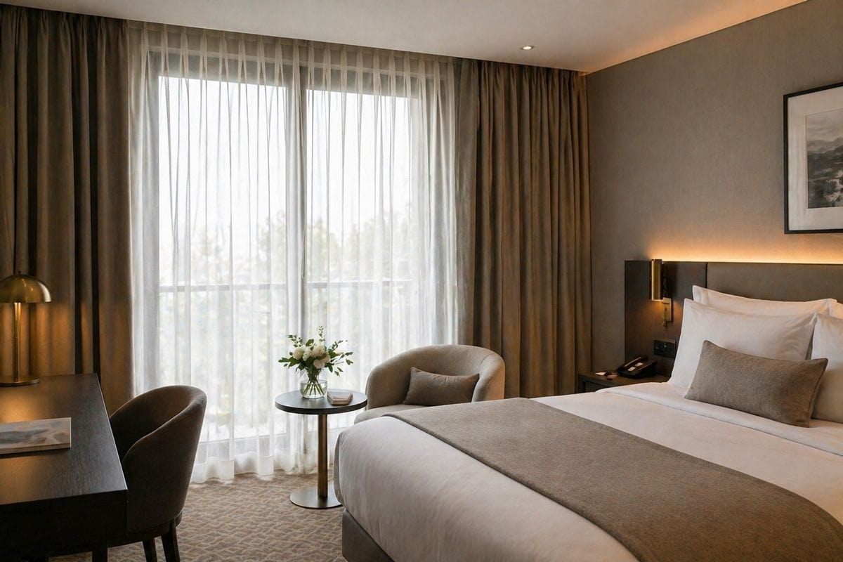 Habitación de hotel moderna y elegante en Vicodir con cama cómoda, iluminación cálida y vista a la c.