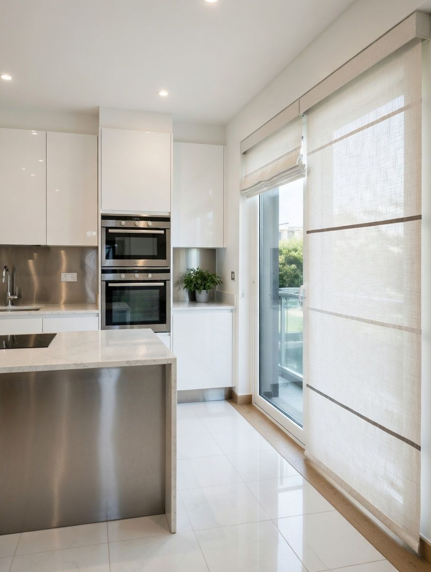 Puerta corredera de cristal en cocina moderna con persianas enrollables blancas y vista exterior lum.