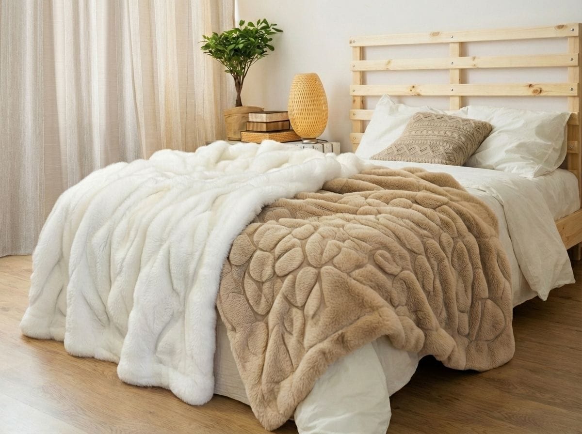 Cama con mantas de peluche beige y blanca en habitación moderna y acogedora.