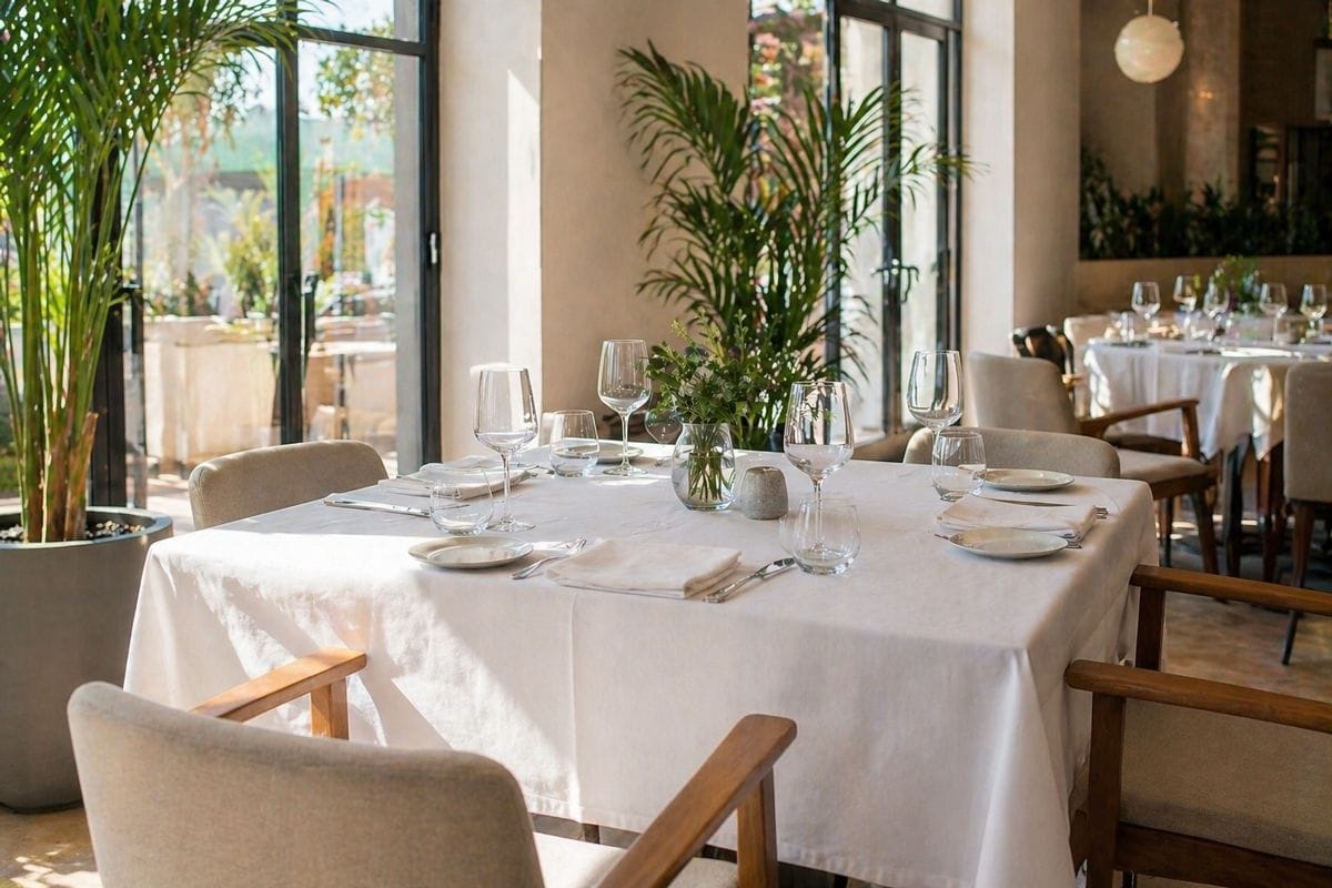 Mesa de restaurante con decoración moderna y ambiente acogedor.