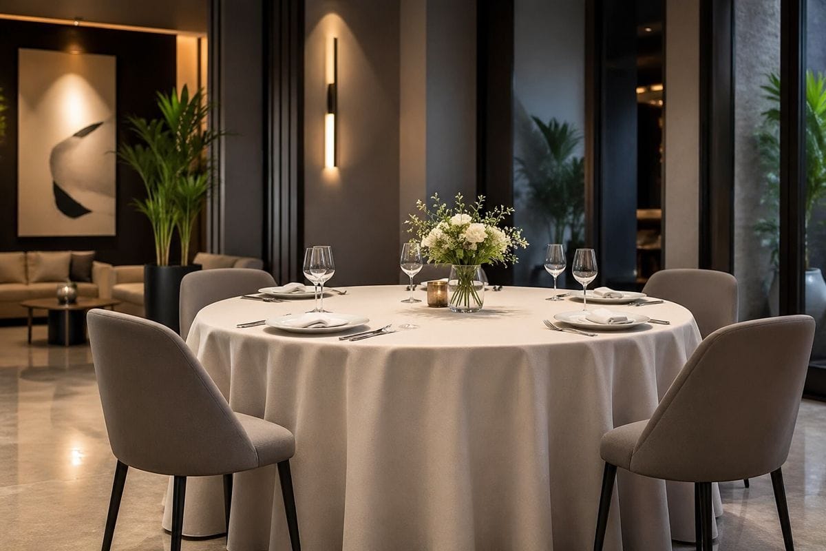 Elegante comedor de restaurante con mesa redonda y decoración moderna en un ambiente sofisticado.