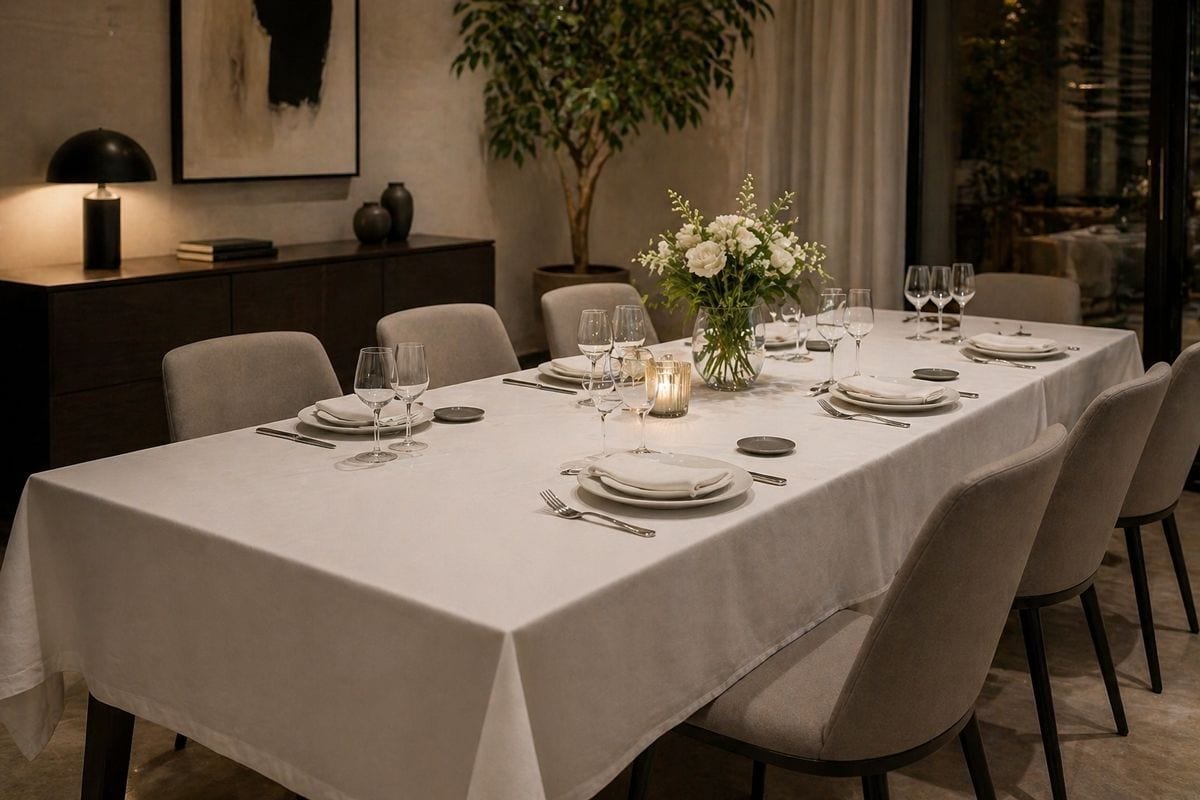 Mesa de comedor elegante con mantel blanco, vajilla y copas para cenas sofisticadas.