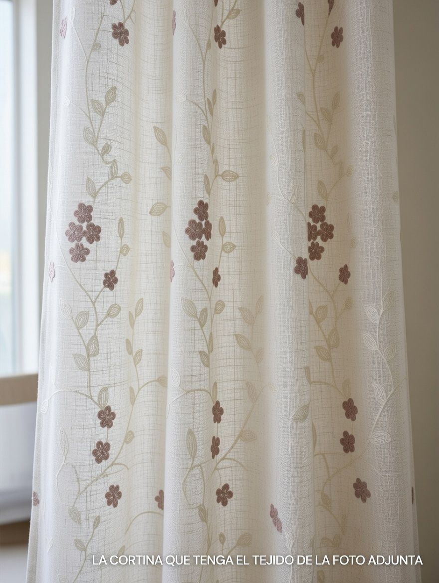 Cortina con tejido de flores y hojas en tonos beige y marrón, ideal para decorar espacios con estilo.