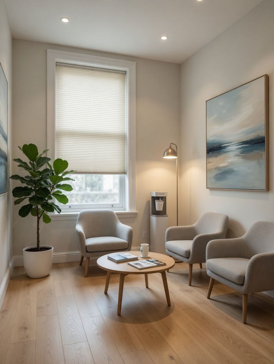 Sala de espera moderna con sillones cómodos y decoración minimalista en tonos neutros.