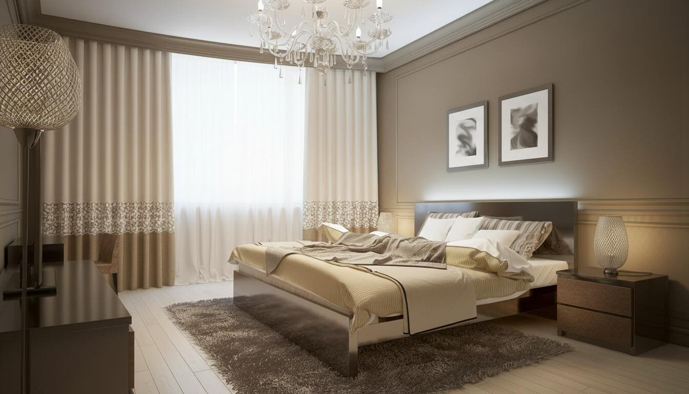 Habitación con cama doble, cortinas largas y luz natural en un espacio acogedor.