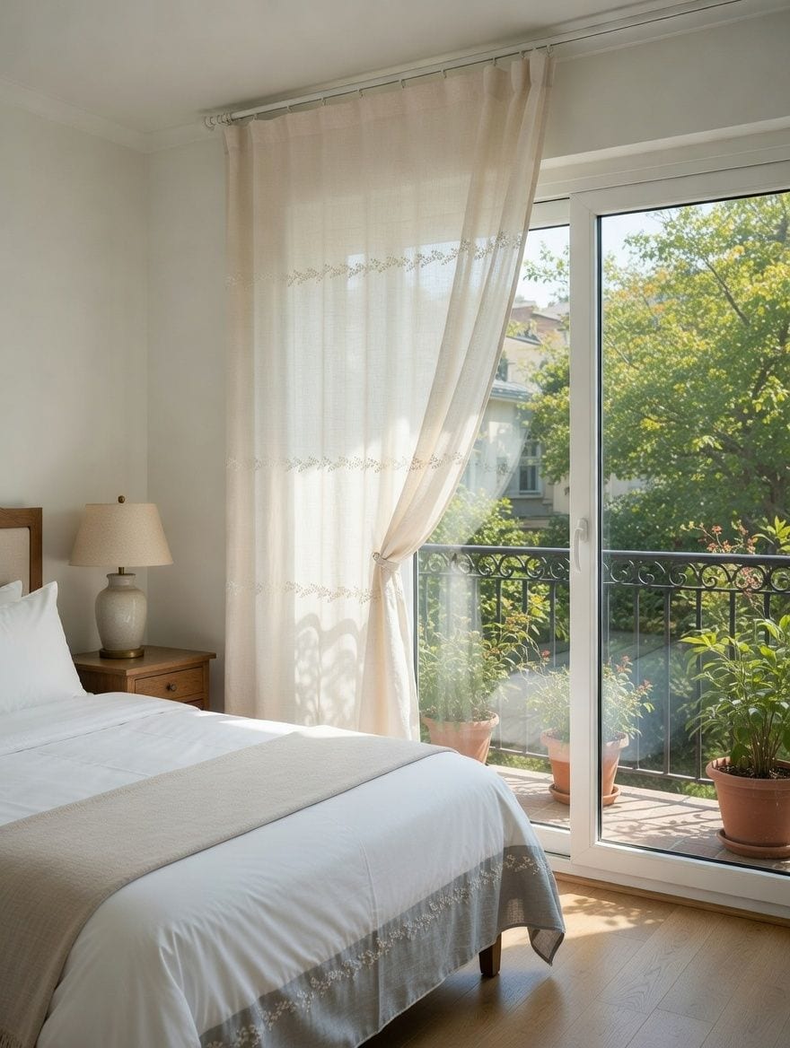Habitación luminosa con balcón y plantas, vista a la naturaleza, estilo moderno y acogedor.