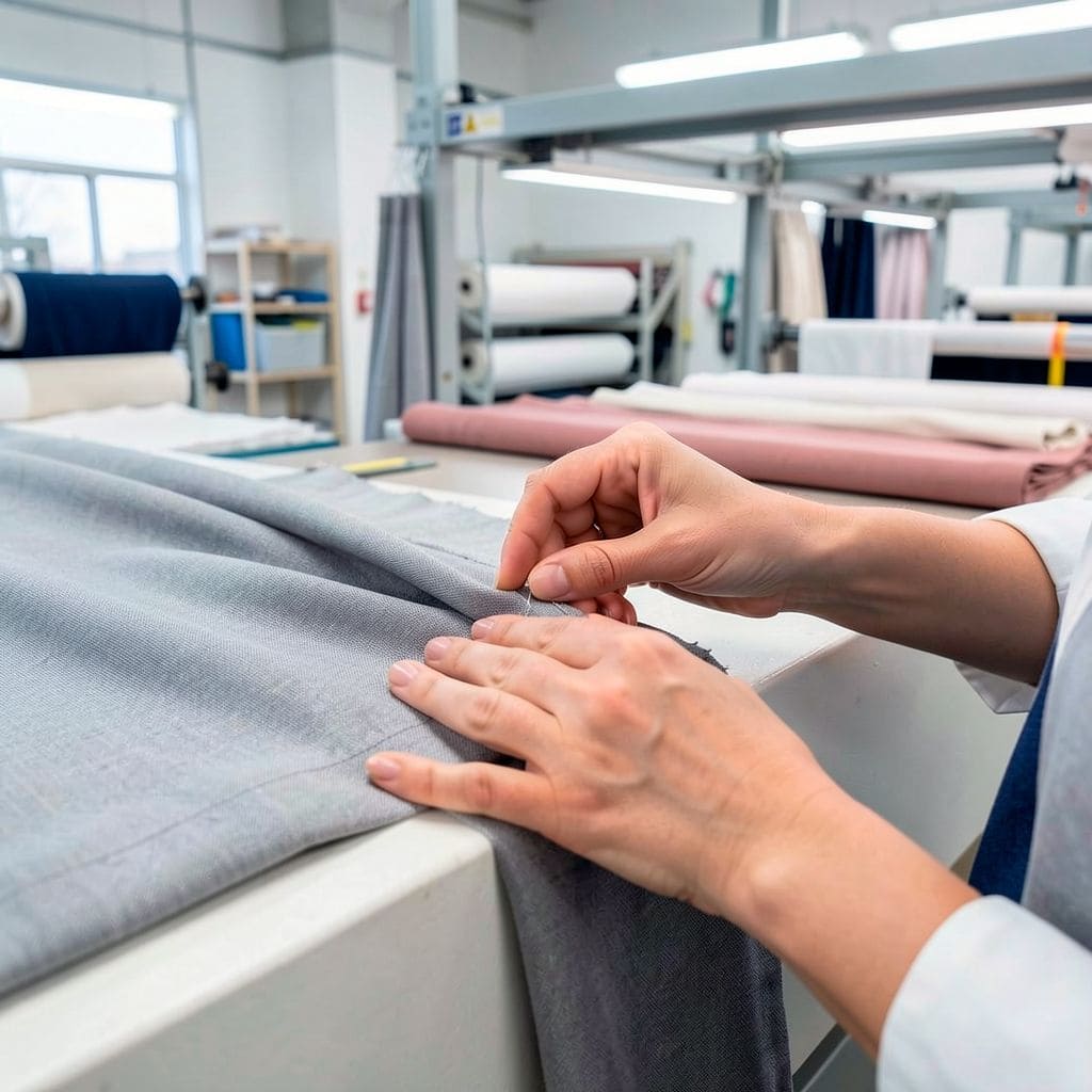 Persona inspeccionando tela en línea de producción textil.