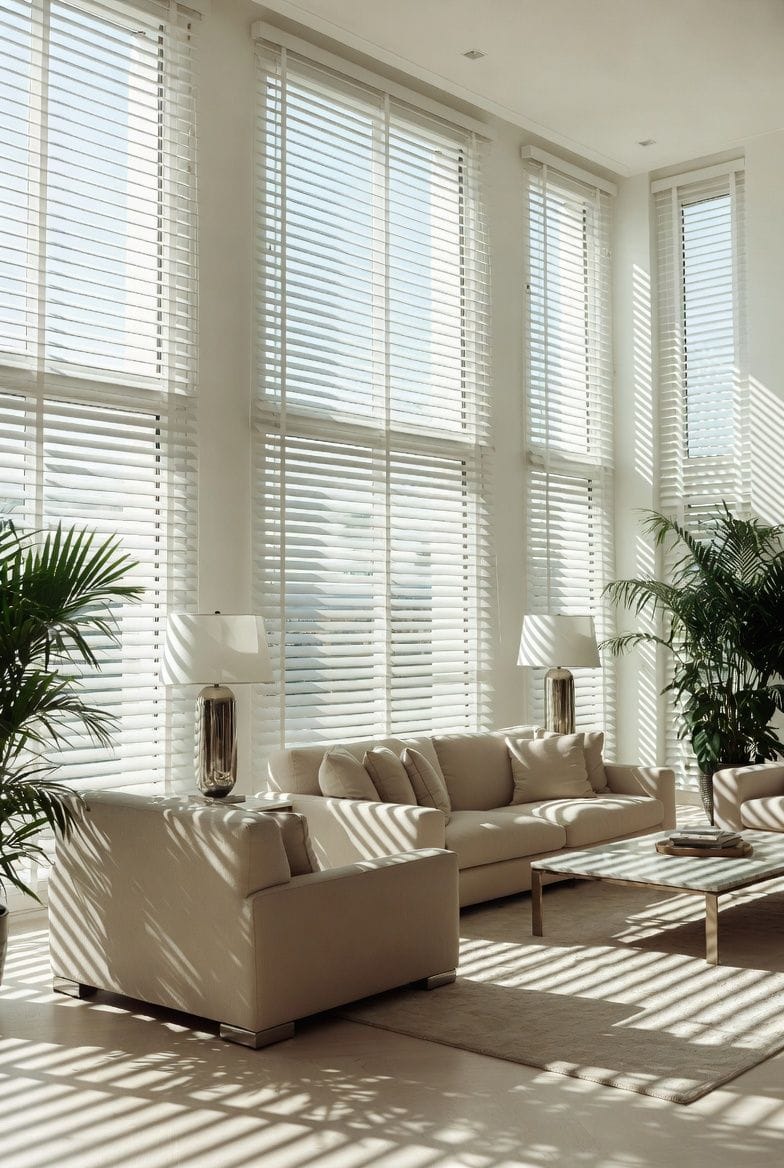 Salón moderno con grandes ventanales y luz natural, decoración elegante y luminosa.