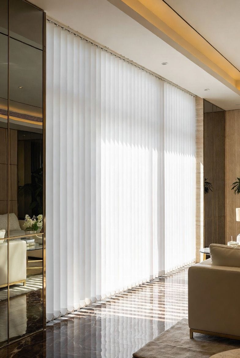 Cortinas verticales blancas en sala moderna con luz natural y decoración elegante.